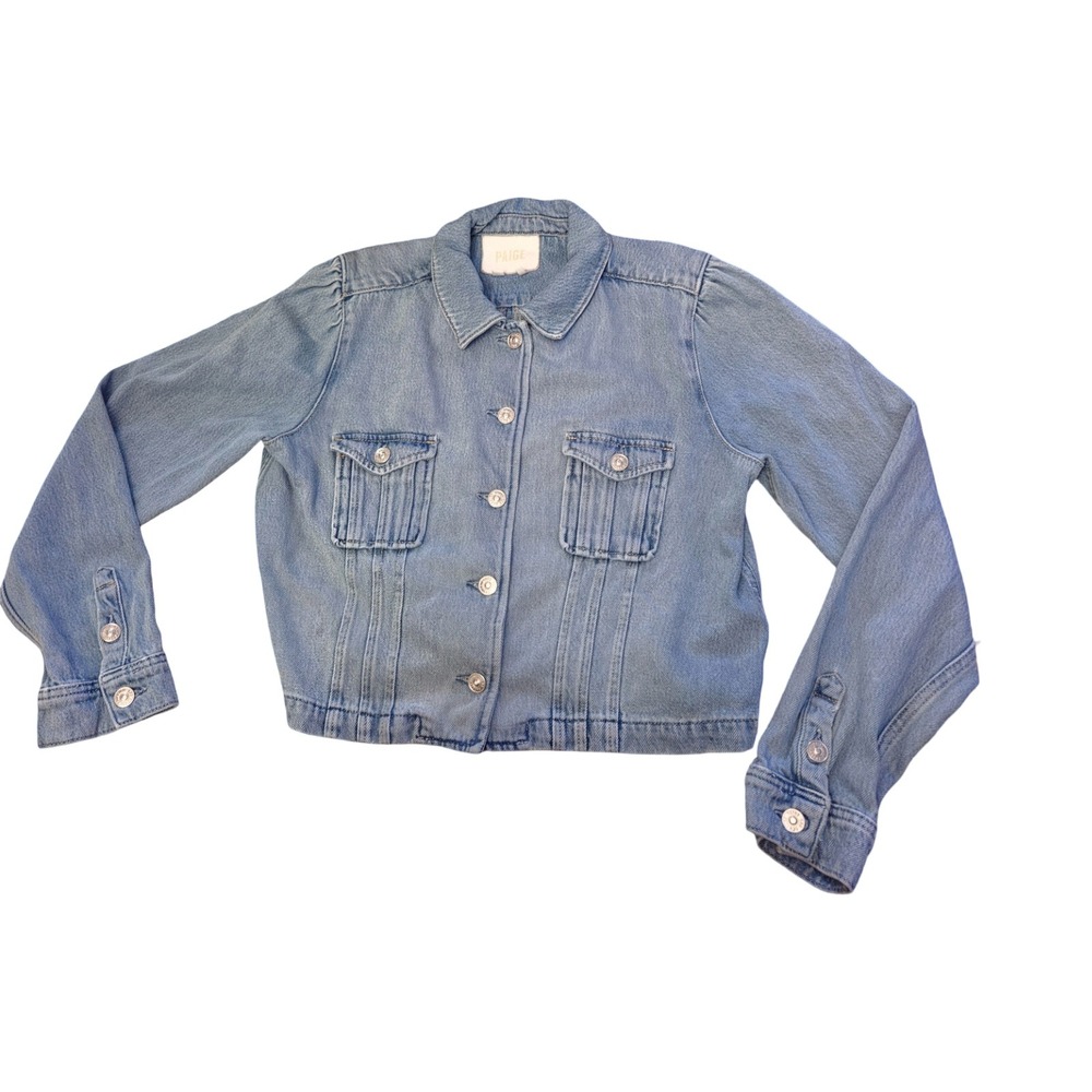 PAIGE Pacey Cropped Puff Sleeve Denim Jacket Light Wash SZ L